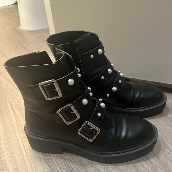 EUC Pearl Embellished Black Leather Combat Boots - Picture 4 of 7